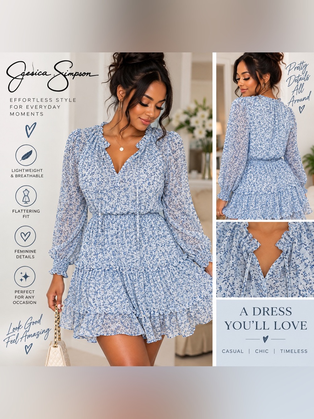 Jessica Simpson Blue Floral Tiered Mini Dress size medium